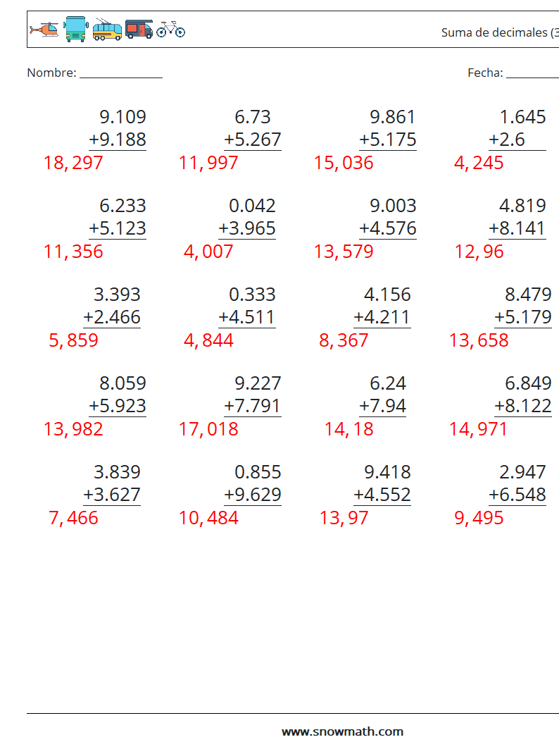 (25) Suma de decimales (3 dígitos) Hojas de trabajo de matemáticas 2 Pregunta, respuesta