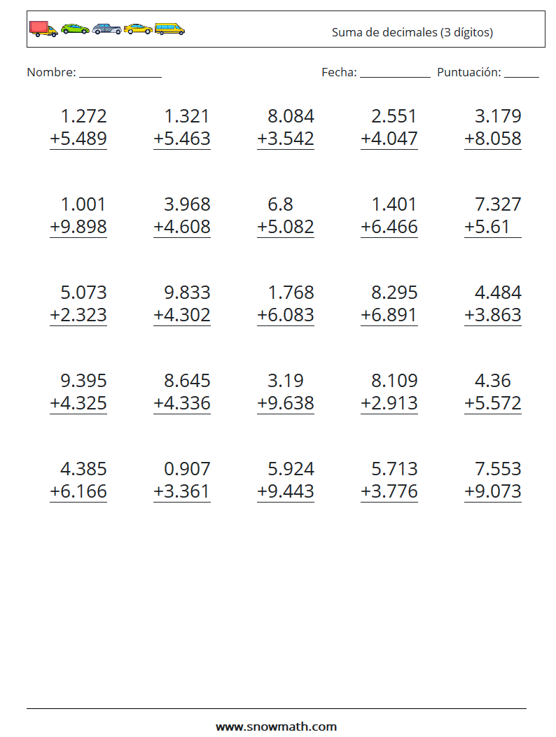 (25) Suma de decimales (3 dígitos) Hojas de trabajo de matemáticas 3