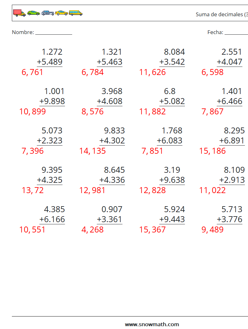 (25) Suma de decimales (3 dígitos) Hojas de trabajo de matemáticas 3 Pregunta, respuesta