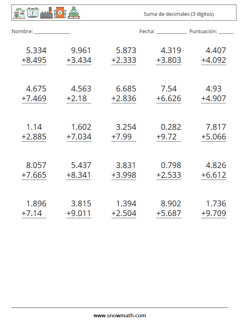 (25) Suma de decimales (3 dígitos) Hojas de trabajo de matemáticas 4