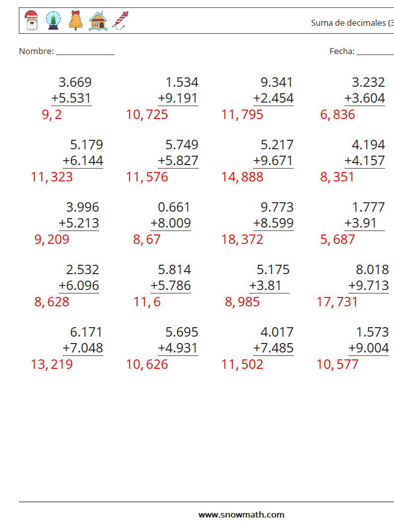 (25) Suma de decimales (3 dígitos) Hojas de trabajo de matemáticas 5 Pregunta, respuesta