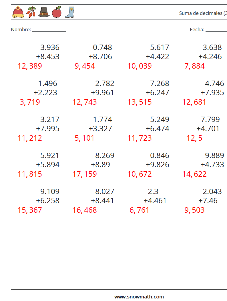 (25) Suma de decimales (3 dígitos) Hojas de trabajo de matemáticas 6 Pregunta, respuesta