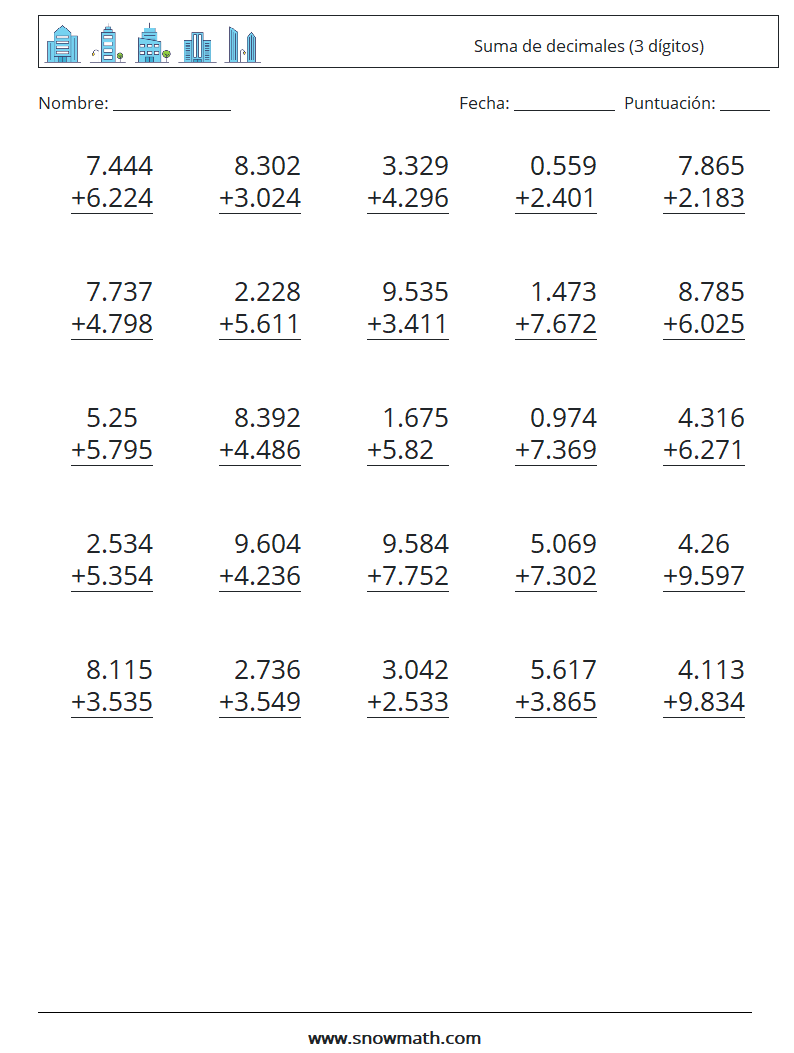 (25) Suma de decimales (3 dígitos) Hojas de trabajo de matemáticas 7