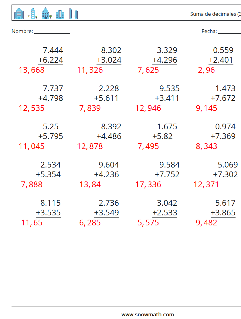 (25) Suma de decimales (3 dígitos) Hojas de trabajo de matemáticas 7 Pregunta, respuesta