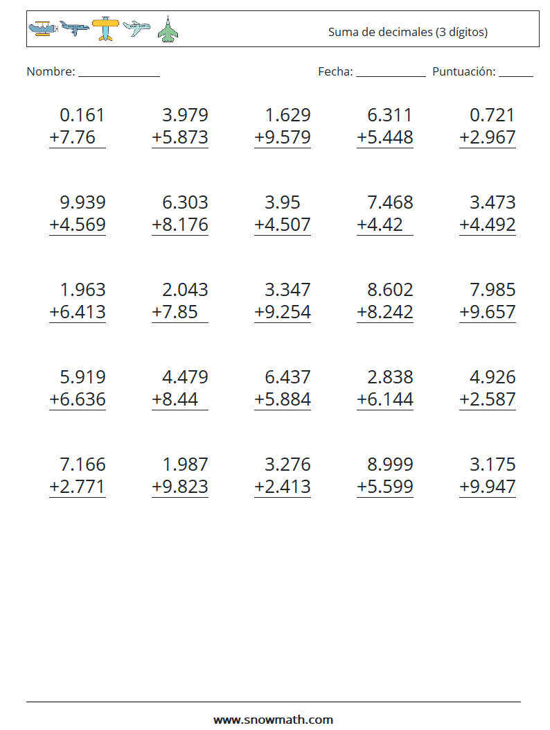 (25) Suma de decimales (3 dígitos) Hojas de trabajo de matemáticas 8