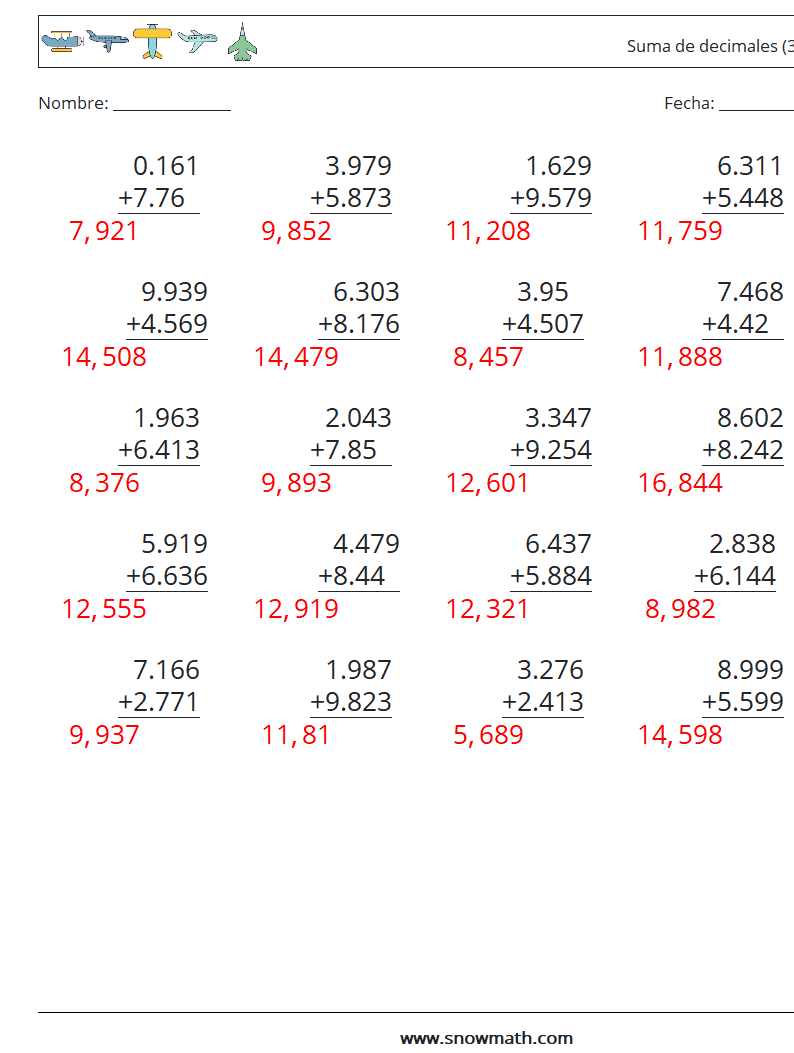 (25) Suma de decimales (3 dígitos) Hojas de trabajo de matemáticas 8 Pregunta, respuesta