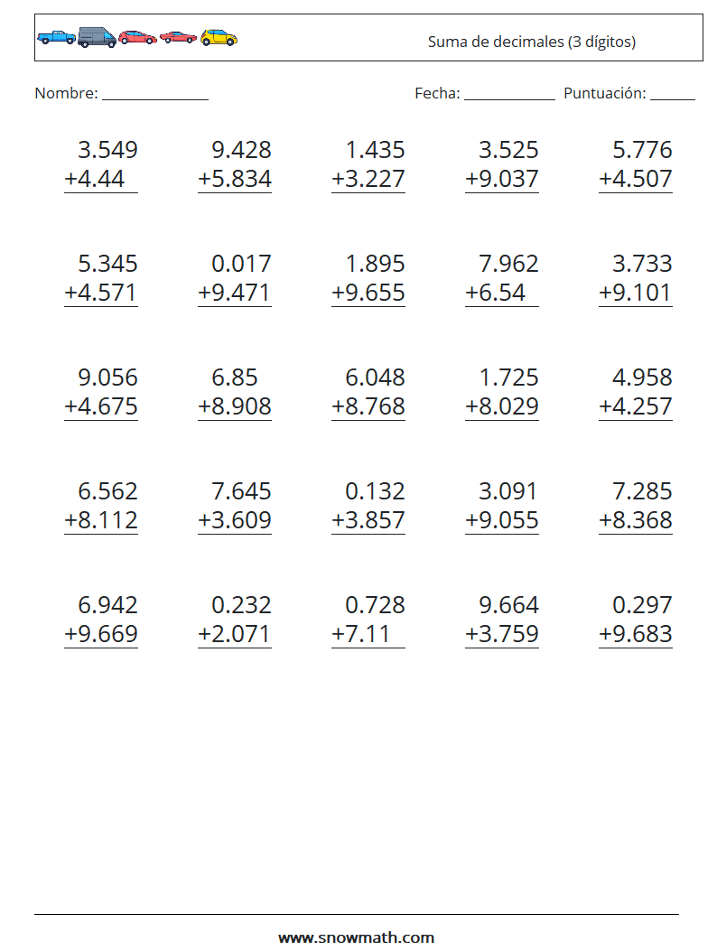 (25) Suma de decimales (3 dígitos) Hojas de trabajo de matemáticas 9