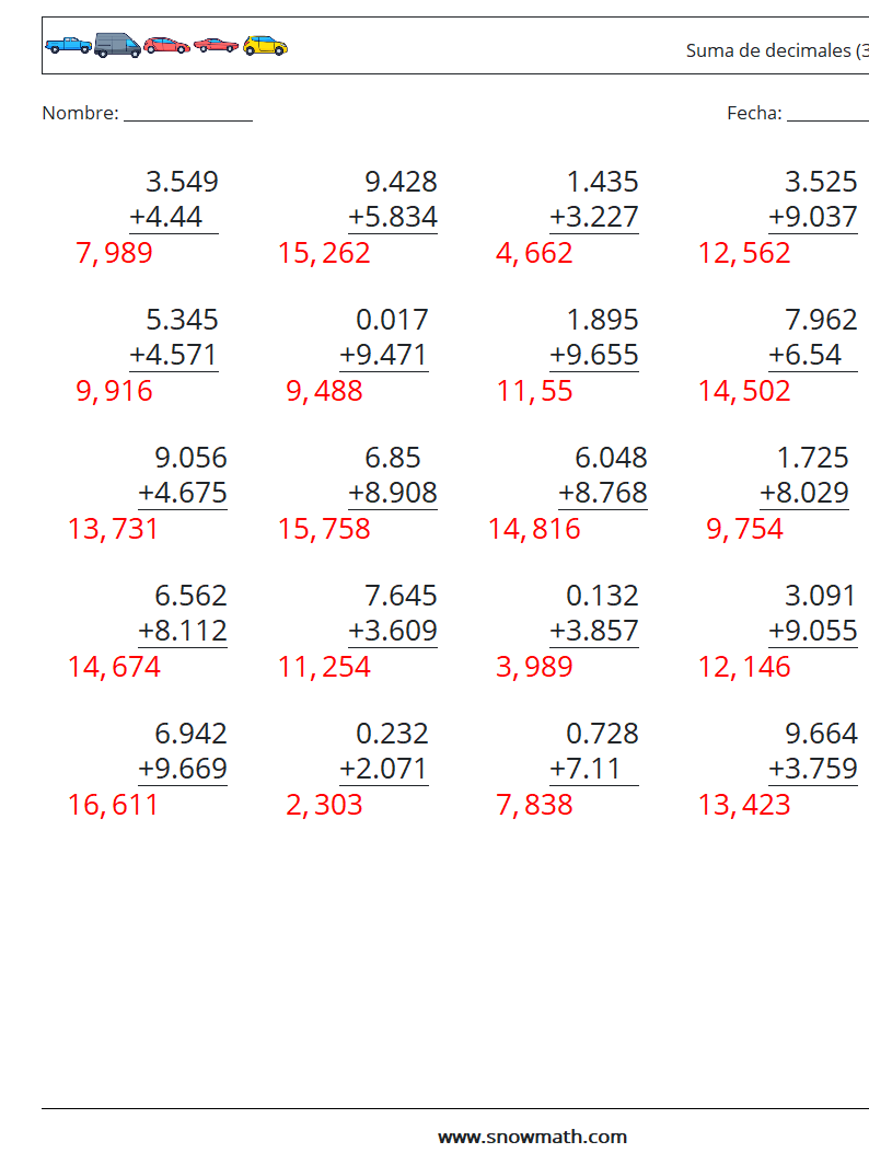 (25) Suma de decimales (3 dígitos) Hojas de trabajo de matemáticas 9 Pregunta, respuesta