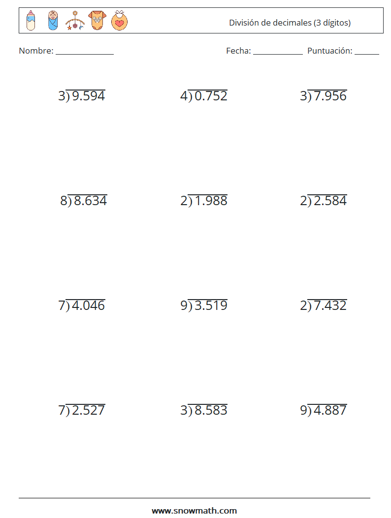 (12) División de decimales (3 dígitos) Hojas de trabajo de matemáticas 10