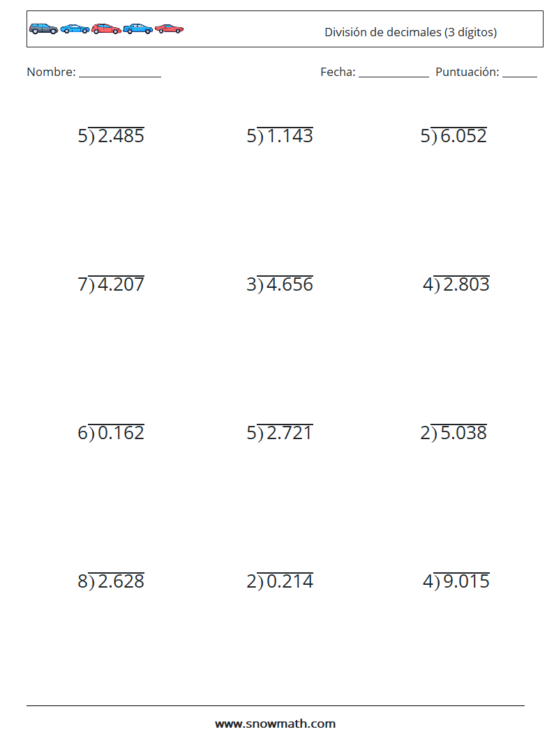 (12) División de decimales (3 dígitos) Hojas de trabajo de matemáticas 12