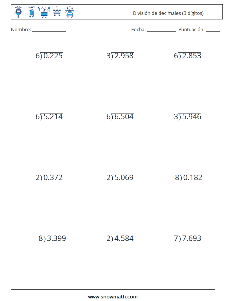 (12) División de decimales (3 dígitos) Hojas de trabajo de matemáticas 13