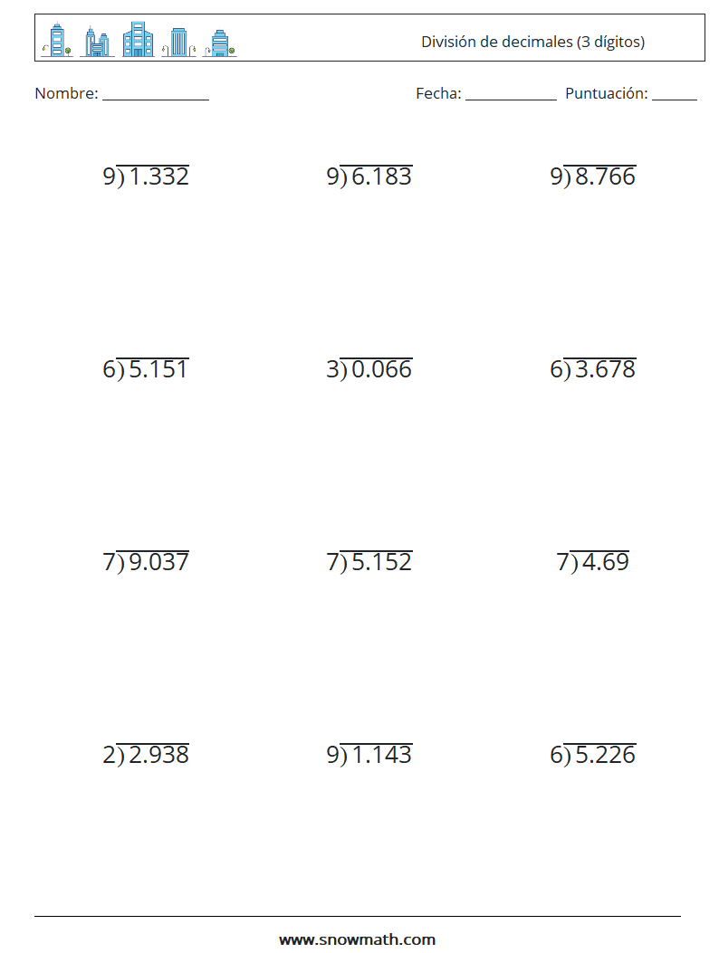 (12) División de decimales (3 dígitos) Hojas de trabajo de matemáticas 15