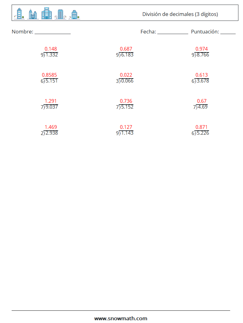 (12) División de decimales (3 dígitos) Hojas de trabajo de matemáticas 15 Pregunta, respuesta