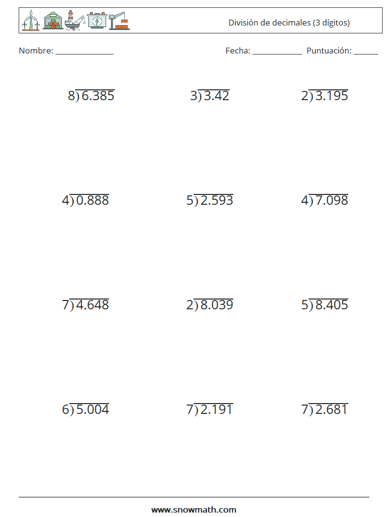 (12) División de decimales (3 dígitos) Hojas de trabajo de matemáticas 16