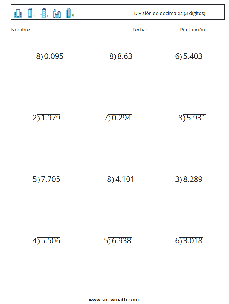 (12) División de decimales (3 dígitos) Hojas de trabajo de matemáticas 17