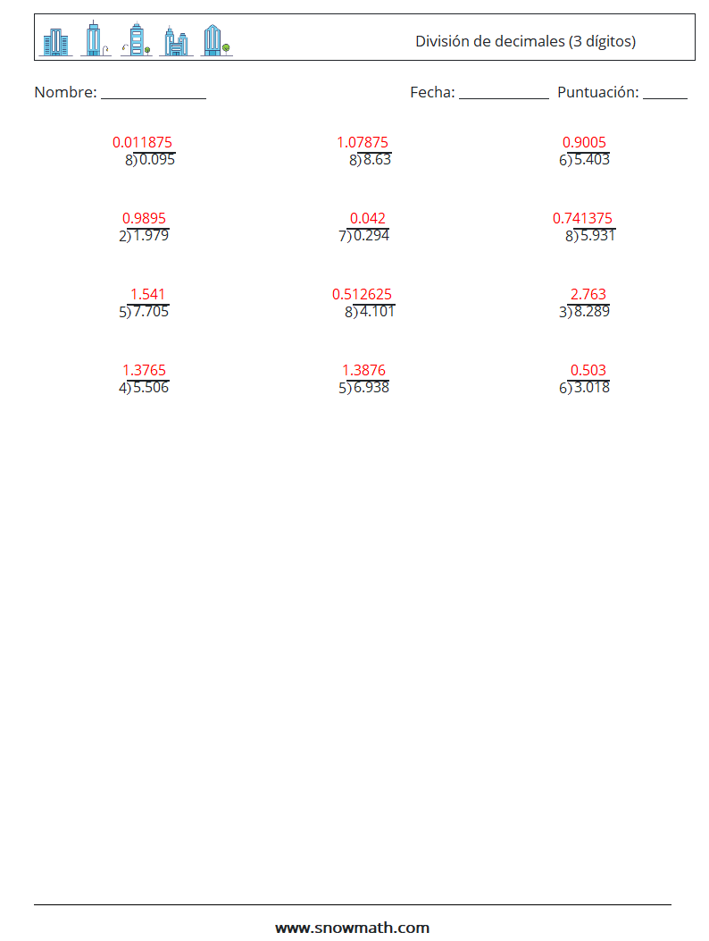 (12) División de decimales (3 dígitos) Hojas de trabajo de matemáticas 17 Pregunta, respuesta