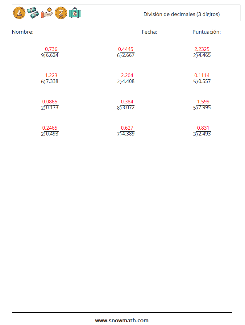 (12) División de decimales (3 dígitos) Hojas de trabajo de matemáticas 18 Pregunta, respuesta