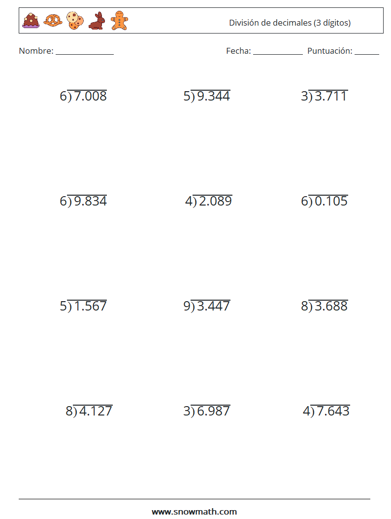 (12) División de decimales (3 dígitos) Hojas de trabajo de matemáticas 2