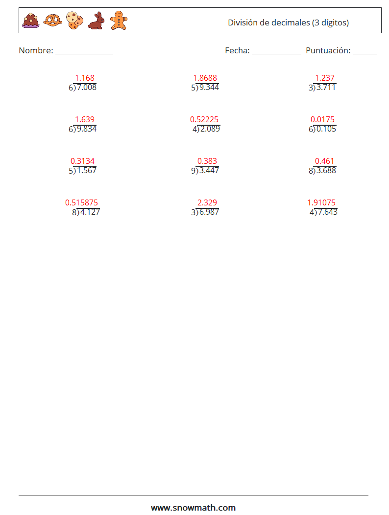 (12) División de decimales (3 dígitos) Hojas de trabajo de matemáticas 2 Pregunta, respuesta