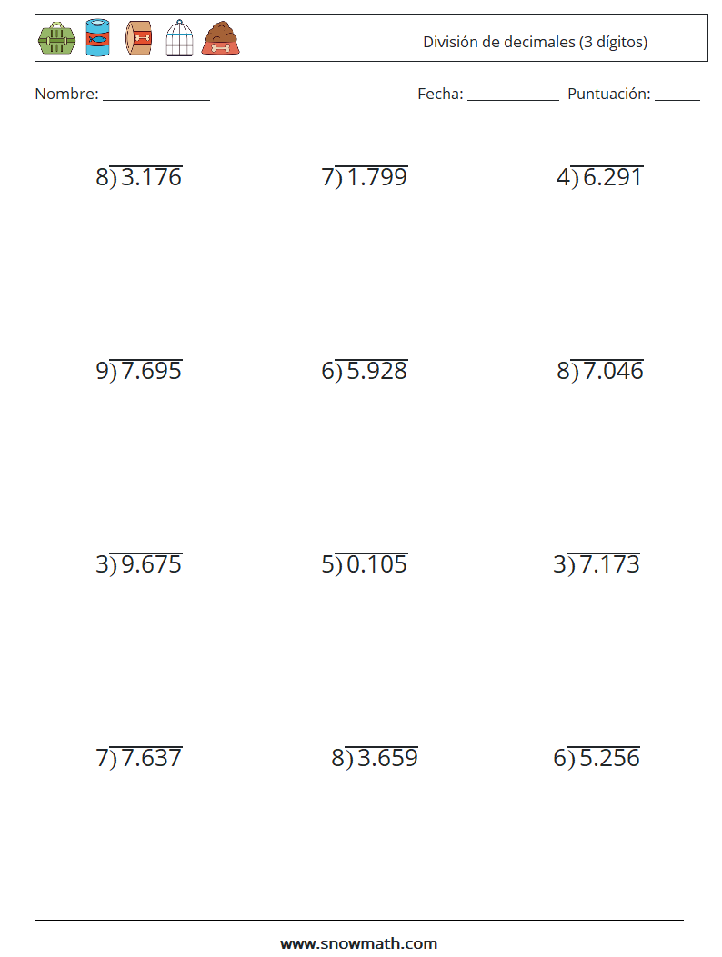 (12) División de decimales (3 dígitos) Hojas de trabajo de matemáticas 3