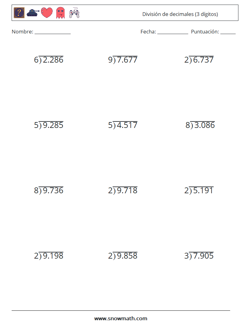 (12) División de decimales (3 dígitos) Hojas de trabajo de matemáticas 4