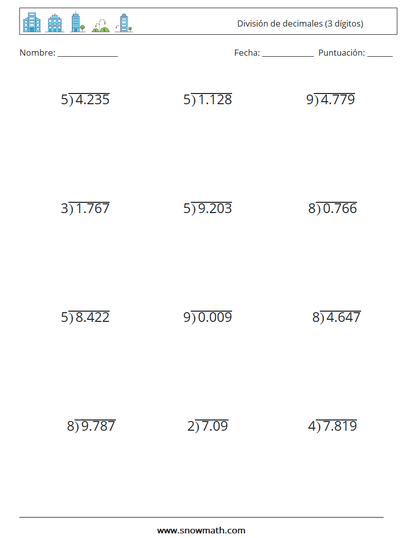 (12) División de decimales (3 dígitos) Hojas de trabajo de matemáticas 6