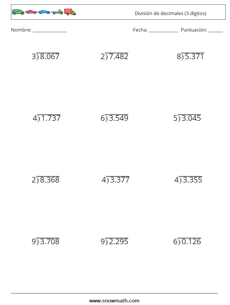 (12) División de decimales (3 dígitos) Hojas de trabajo de matemáticas 7