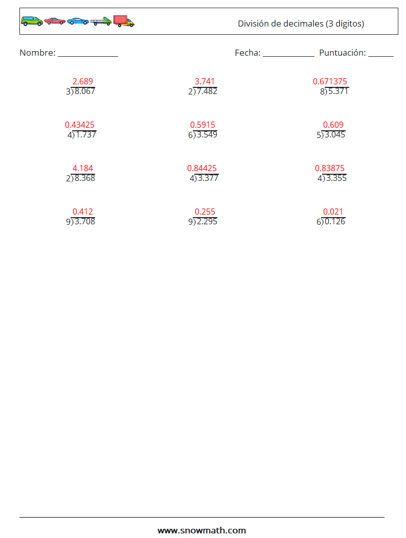 (12) División de decimales (3 dígitos) Hojas de trabajo de matemáticas 7 Pregunta, respuesta