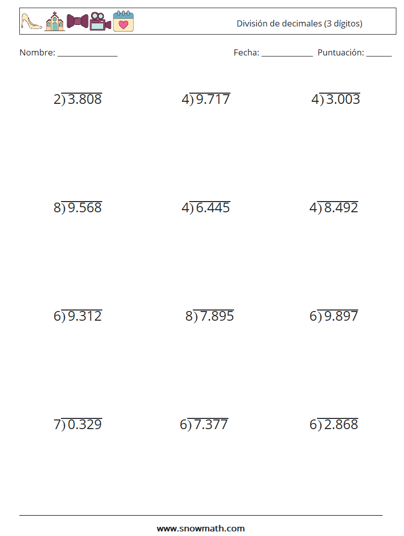 (12) División de decimales (3 dígitos) Hojas de trabajo de matemáticas 9