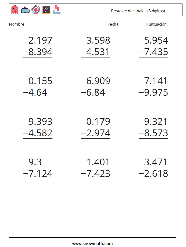 (12) Resta de decimales (3 dígitos) Hojas de trabajo de matemáticas 10