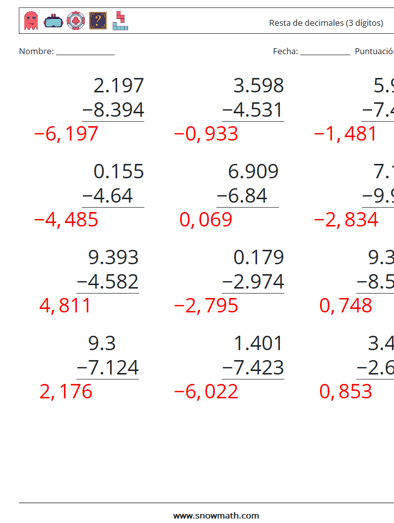 (12) Resta de decimales (3 dígitos) Hojas de trabajo de matemáticas 10 Pregunta, respuesta