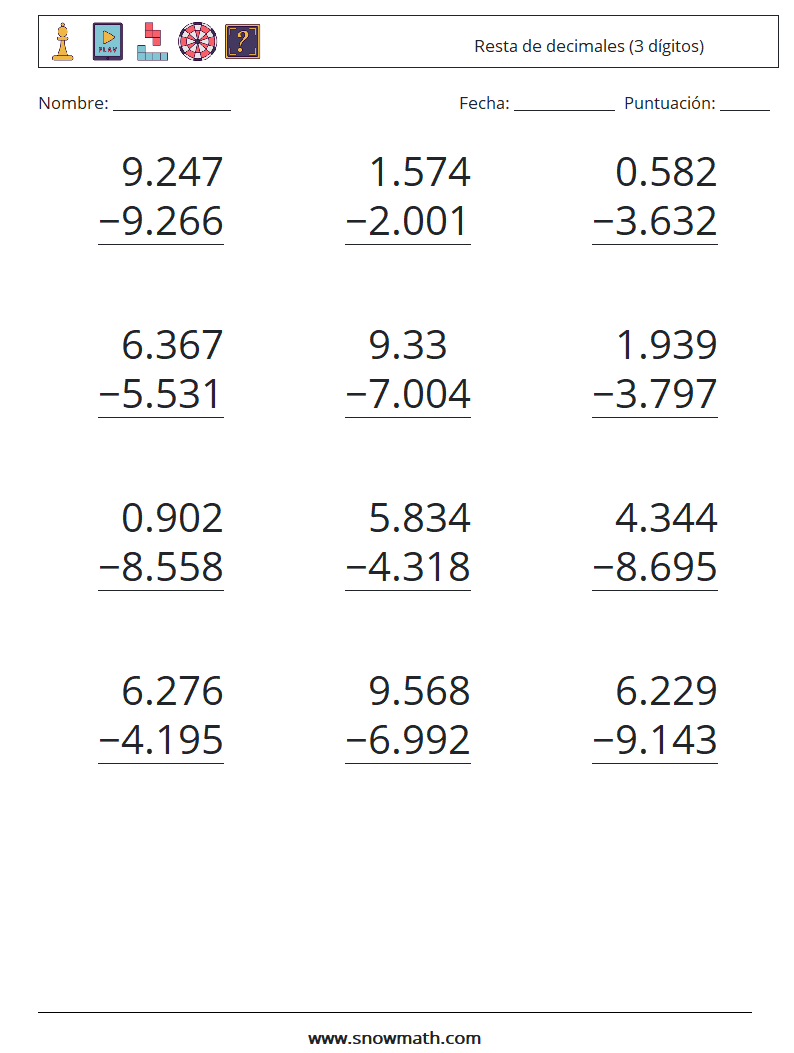 (12) Resta de decimales (3 dígitos) Hojas de trabajo de matemáticas 11