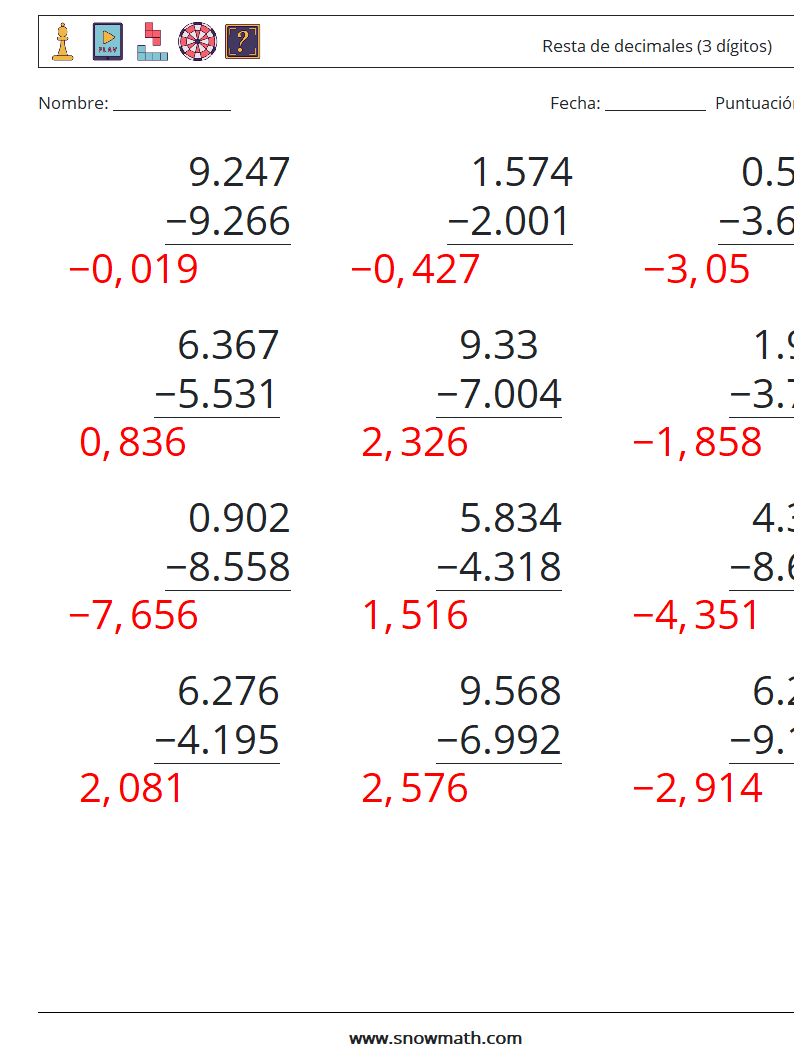 (12) Resta de decimales (3 dígitos) Hojas de trabajo de matemáticas 11 Pregunta, respuesta