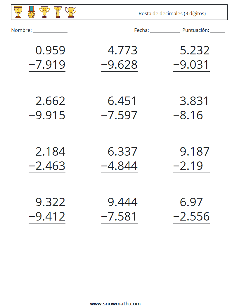 (12) Resta de decimales (3 dígitos) Hojas de trabajo de matemáticas 12