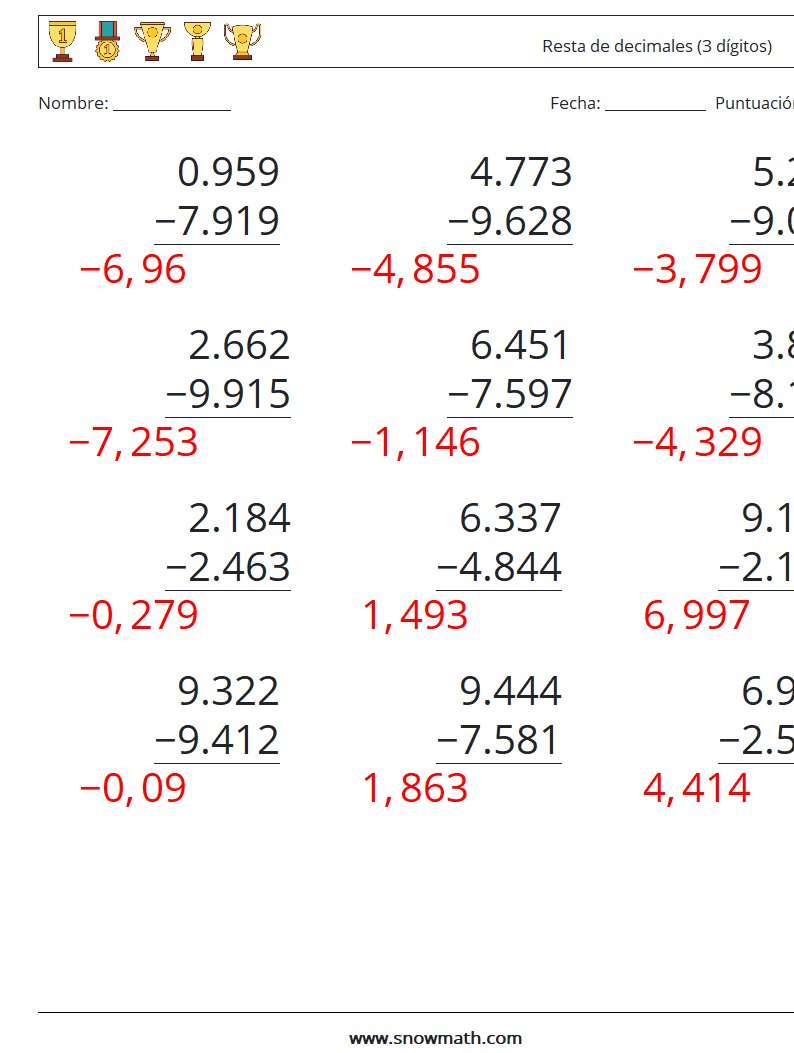 (12) Resta de decimales (3 dígitos) Hojas de trabajo de matemáticas 12 Pregunta, respuesta