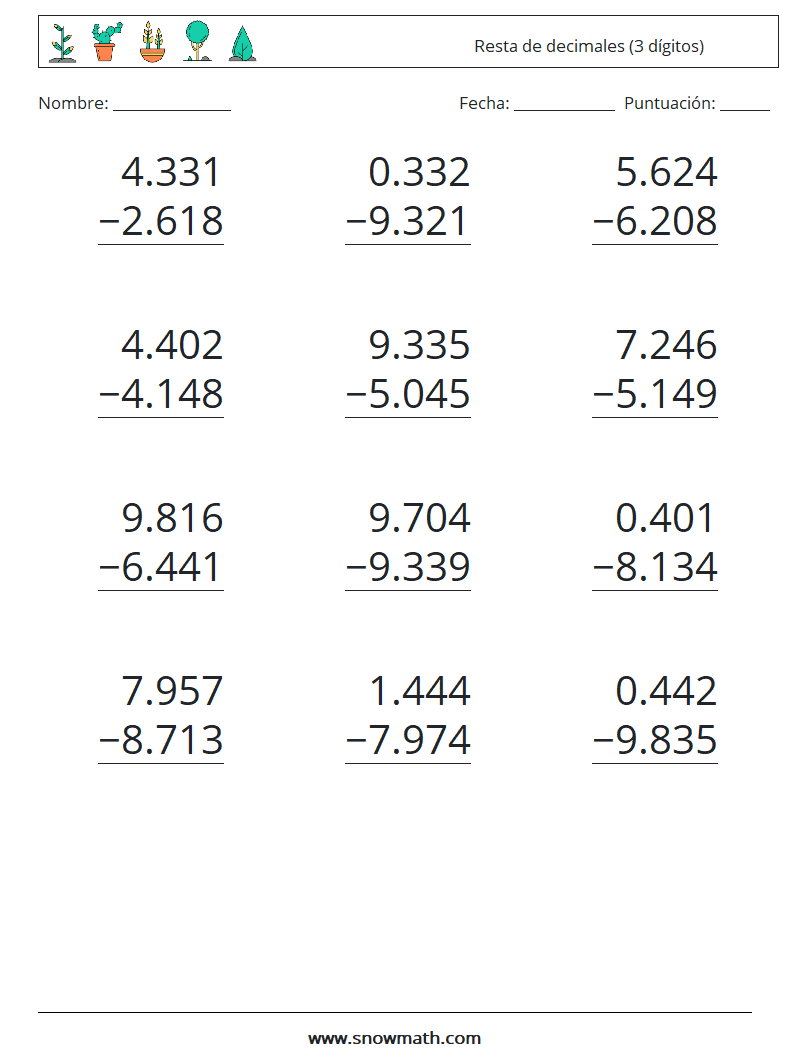 (12) Resta de decimales (3 dígitos) Hojas de trabajo de matemáticas 13