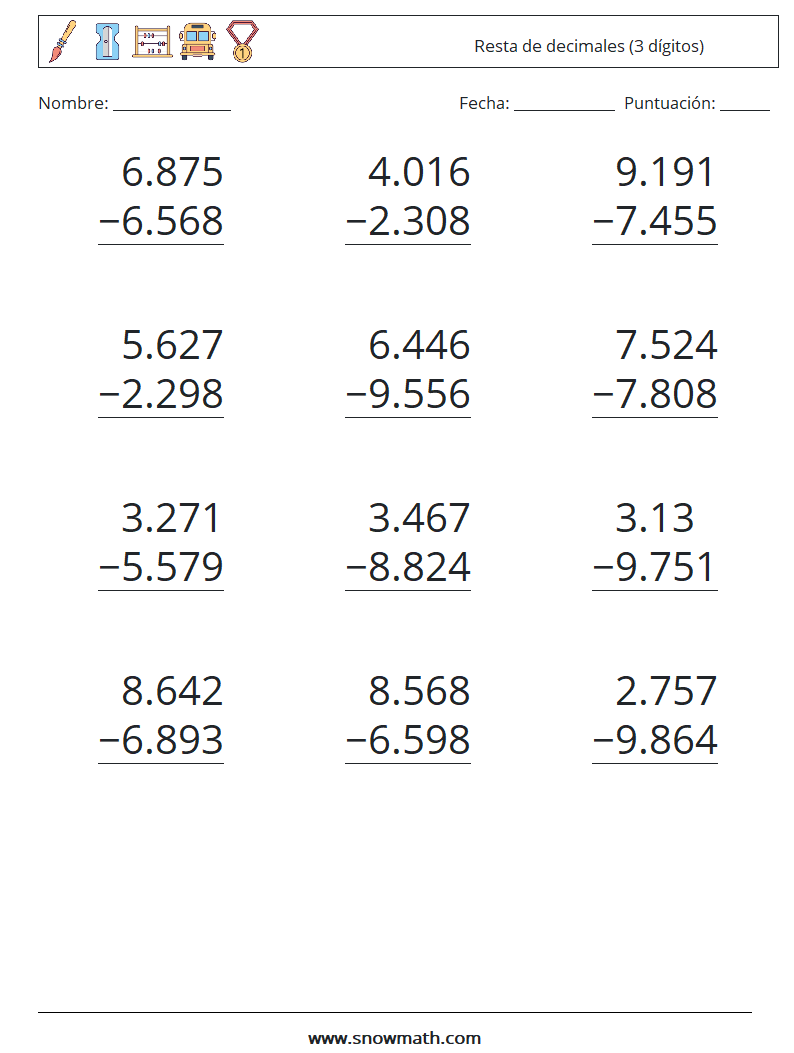 (12) Resta de decimales (3 dígitos) Hojas de trabajo de matemáticas 14