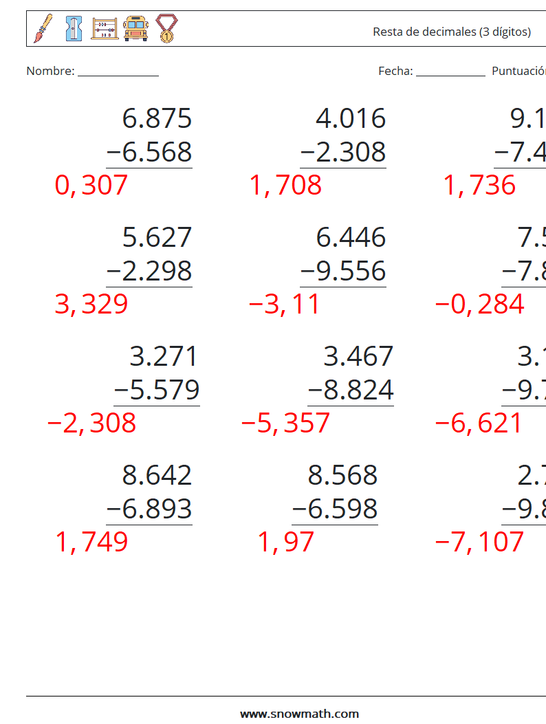 (12) Resta de decimales (3 dígitos) Hojas de trabajo de matemáticas 14 Pregunta, respuesta