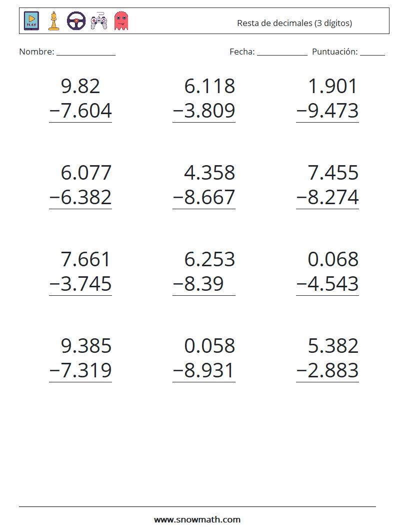 (12) Resta de decimales (3 dígitos) Hojas de trabajo de matemáticas 15