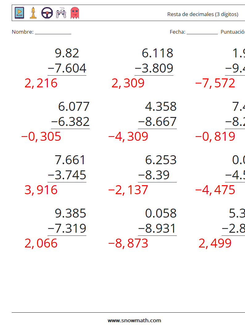 (12) Resta de decimales (3 dígitos) Hojas de trabajo de matemáticas 15 Pregunta, respuesta