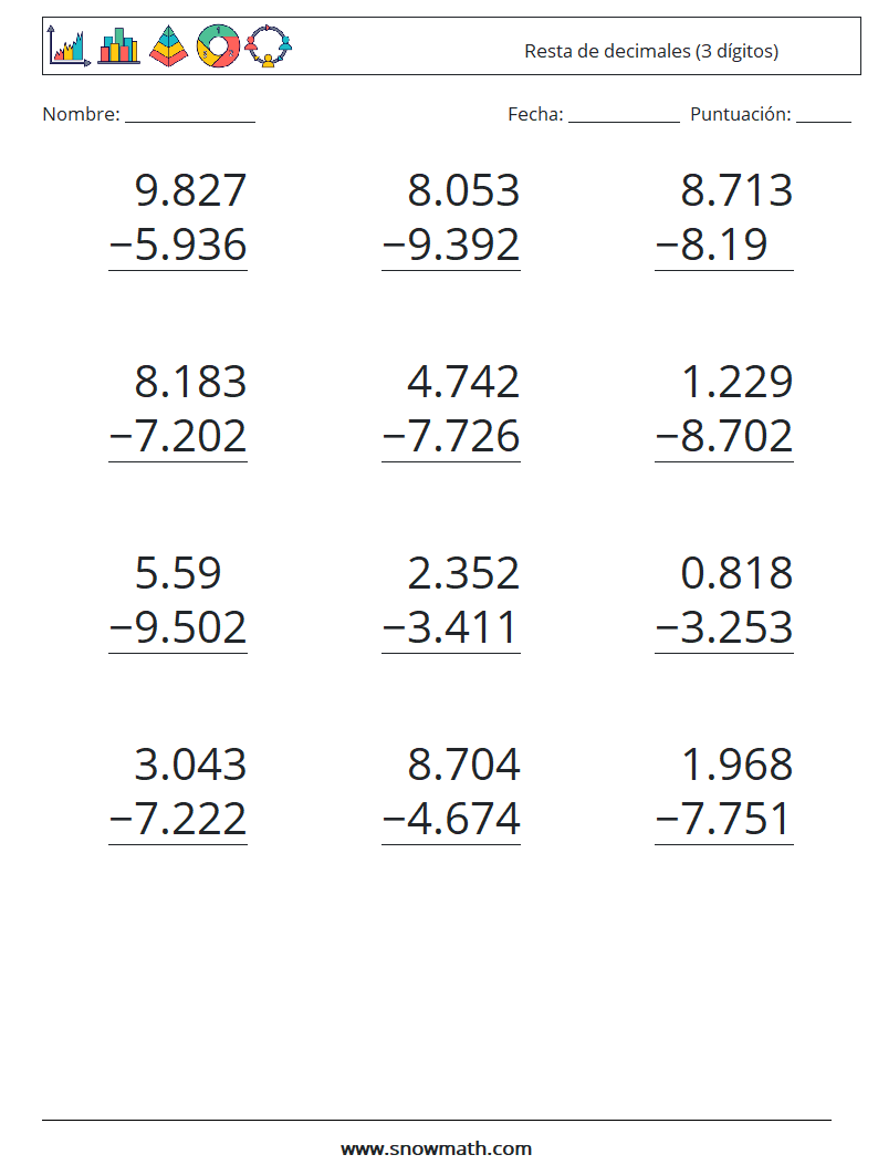 (12) Resta de decimales (3 dígitos) Hojas de trabajo de matemáticas 16