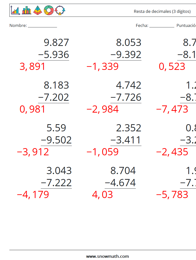 (12) Resta de decimales (3 dígitos) Hojas de trabajo de matemáticas 16 Pregunta, respuesta