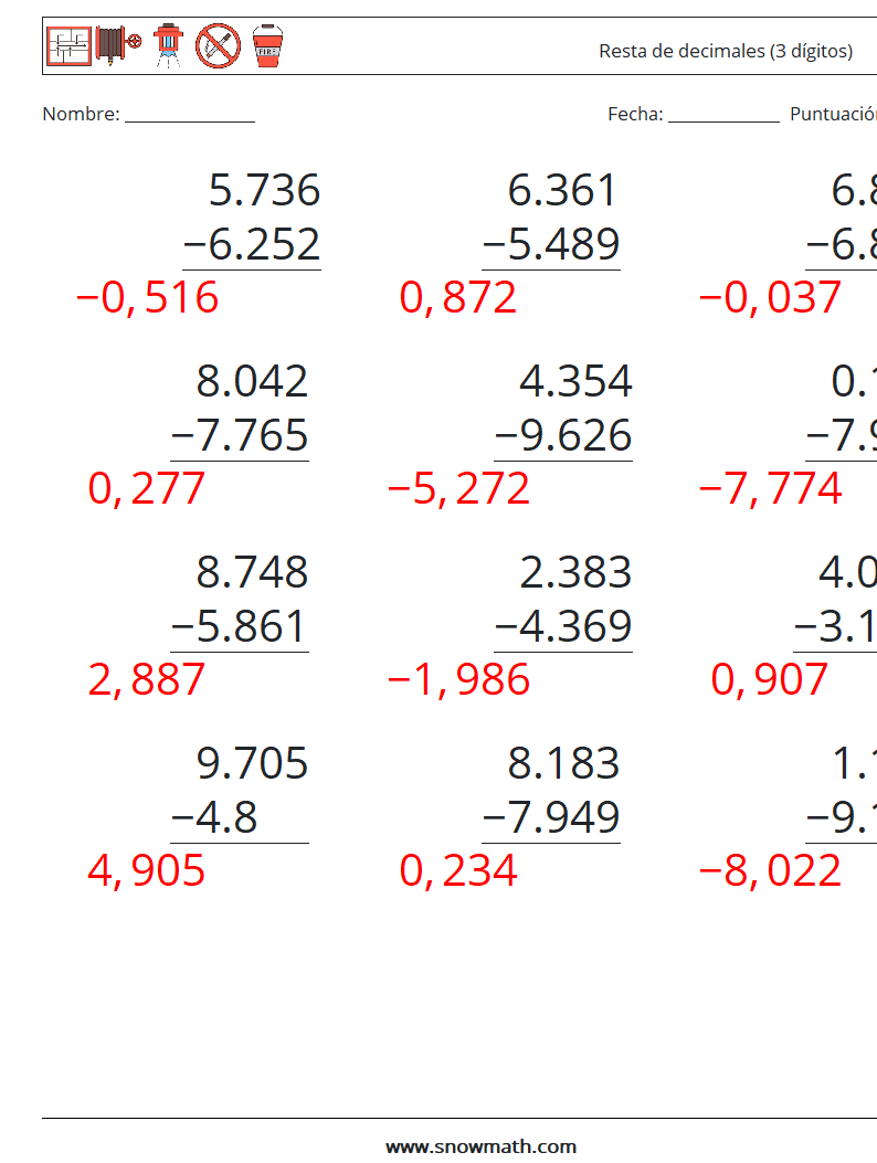 (12) Resta de decimales (3 dígitos) Hojas de trabajo de matemáticas 17 Pregunta, respuesta