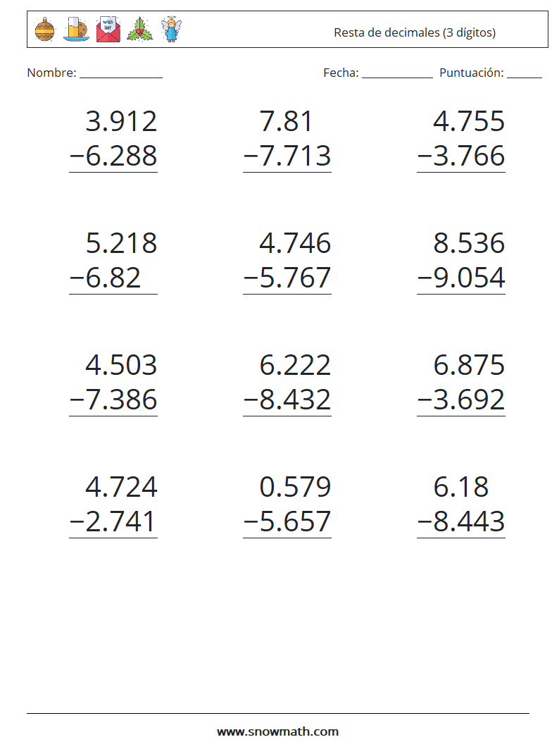 (12) Resta de decimales (3 dígitos) Hojas de trabajo de matemáticas 18