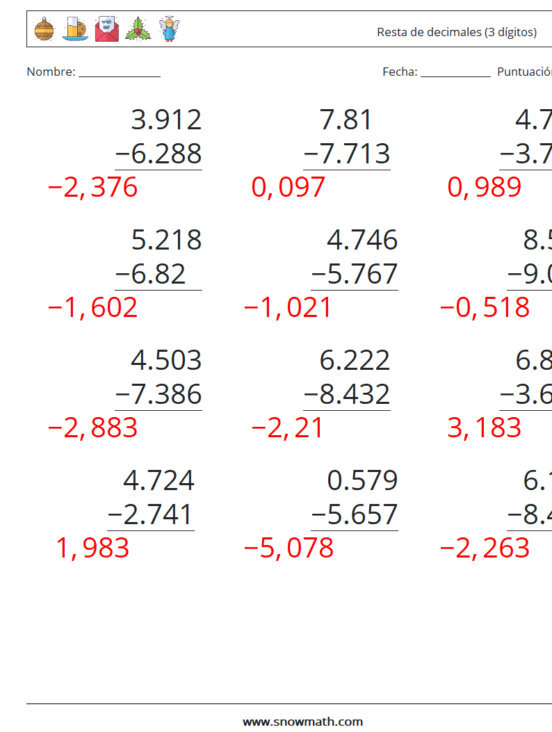 (12) Resta de decimales (3 dígitos) Hojas de trabajo de matemáticas 18 Pregunta, respuesta