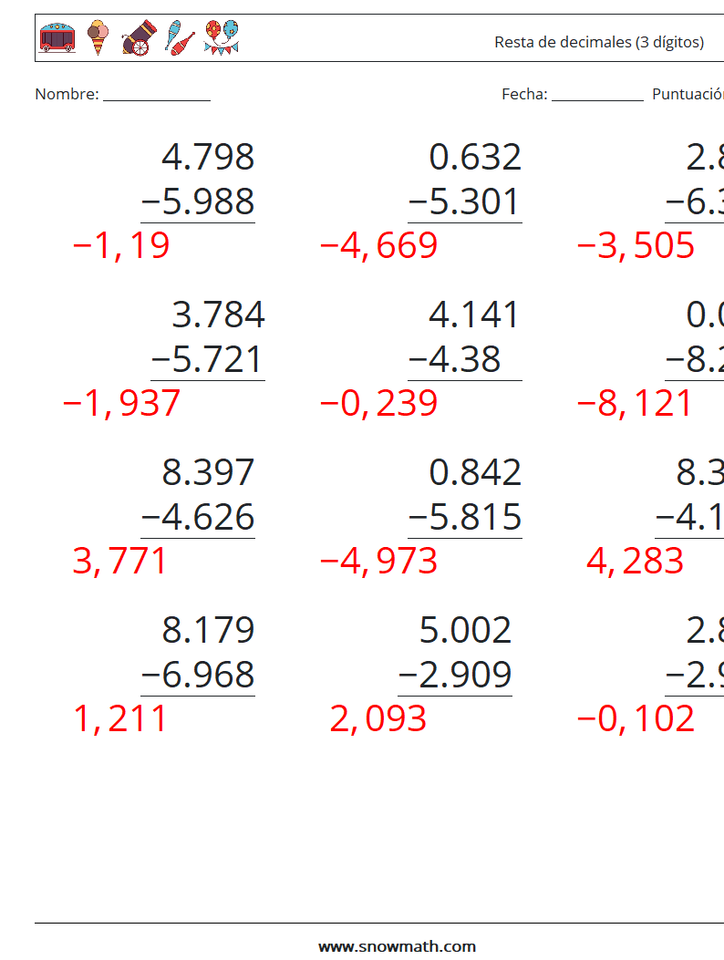 (12) Resta de decimales (3 dígitos) Hojas de trabajo de matemáticas 1 Pregunta, respuesta