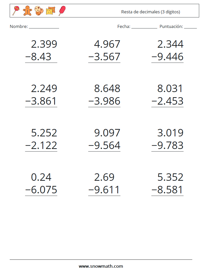 (12) Resta de decimales (3 dígitos) Hojas de trabajo de matemáticas 2