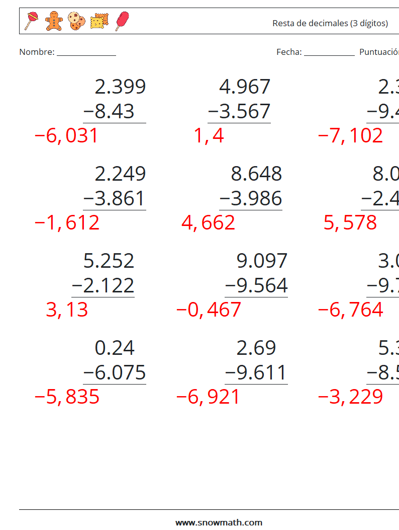 (12) Resta de decimales (3 dígitos) Hojas de trabajo de matemáticas 2 Pregunta, respuesta