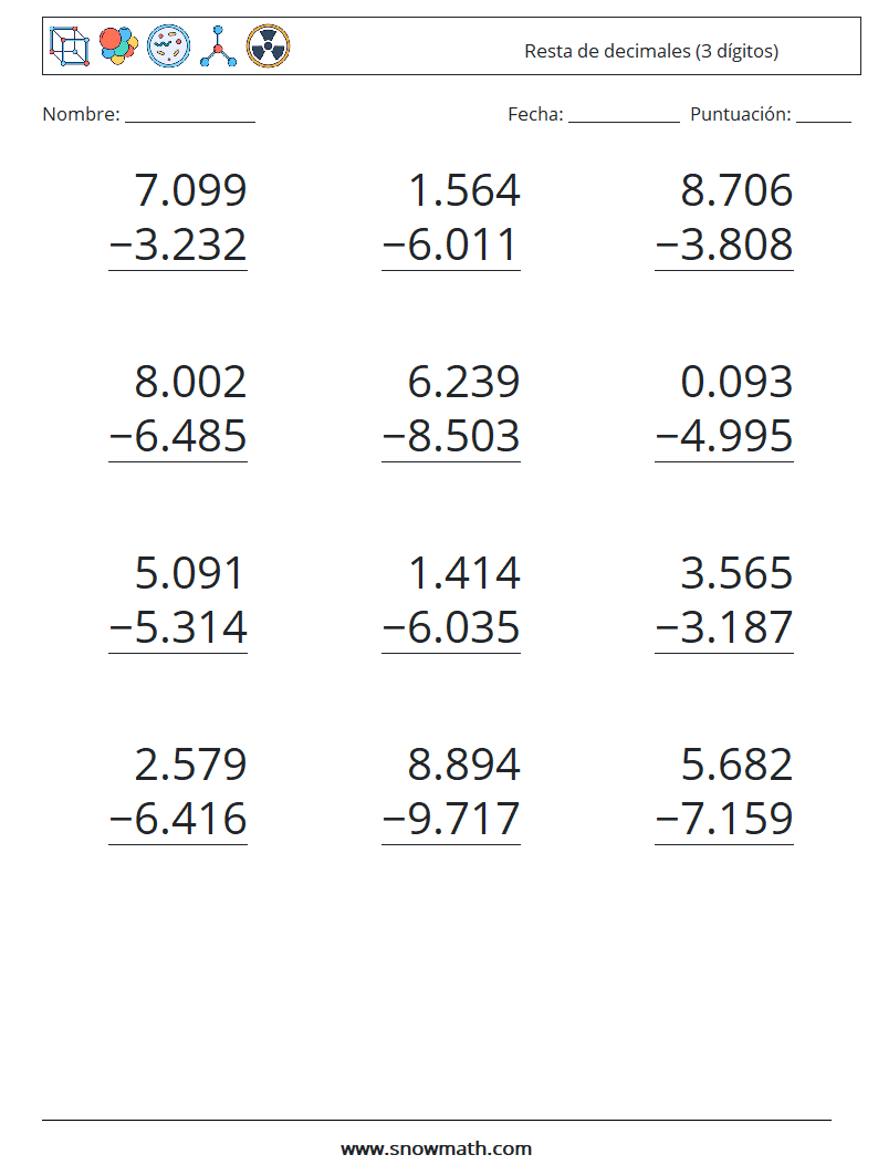 (12) Resta de decimales (3 dígitos) Hojas de trabajo de matemáticas 3