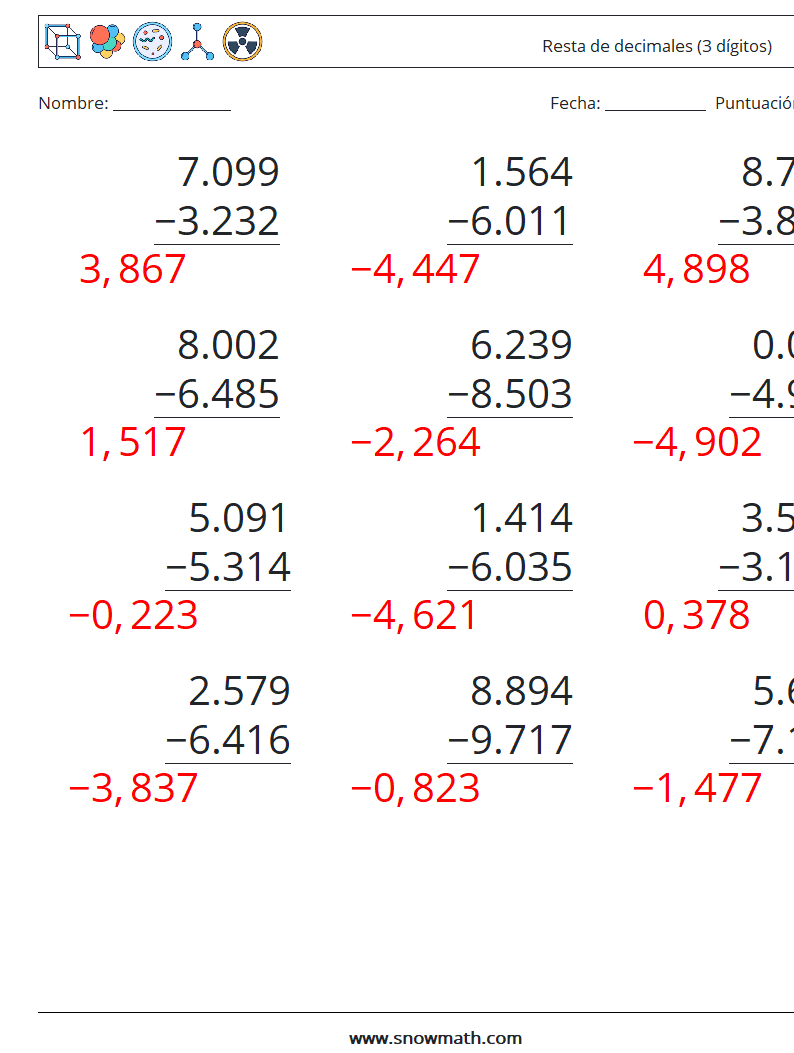 (12) Resta de decimales (3 dígitos) Hojas de trabajo de matemáticas 3 Pregunta, respuesta